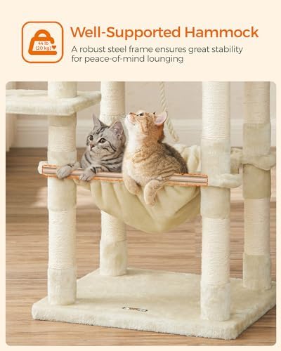 Feandrea Cat Tree, 55.8-Inch Large Cat Tower, Multi-Level Condo, Beige - Image 5