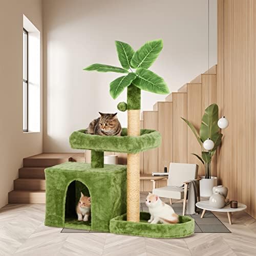 31.5inch Small Cat Tree Tower Condo for Indoor Cats, Soft Plush Multi-Level Climbing Tree Cat House with Cat Cave, Scratching Post, Sisal Rope, Green - Image 6