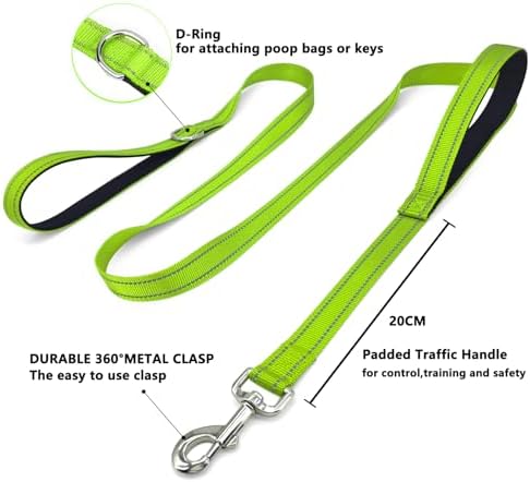 6 FT Green Nylon Reflective Dog Leash for Large Dogs with 2 Padded Handle - Image 3