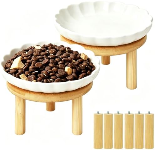 Elevated Cat Bowls with Bamboo Stand, Ceramic Raised Cat Bowl Set of 2, 5.9 Inch Whisker Friendly Anti Vomiting Cat Food Bowls for Dry and Wet Food by Lfpkixise