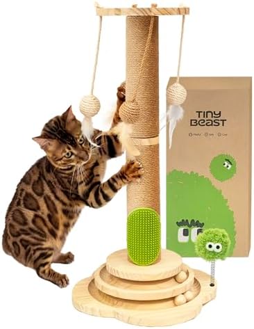 TINYBEAST Wooden Cat Scratching Post, 4 in 1 Cat Scratcher Toy with Cat Ball Tracks, 25" Tall Sisal Scratch Post for Indoor Kittens Adult Cats, Interactive Feather Toy and 4 Sisal Hanging Balls by TinyBeast