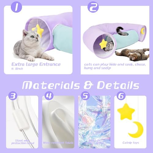 Cat Tunnel, Large Indoor Durable Collapsible Interactive Cat Tube with Peek-A-Boo Hole, Hanging Toys, and Crinkly Paper Lining - Cute Tunnel for Cats, Kittens, Puppies & Rabbits, Purple - Image 6