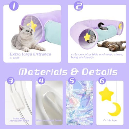 Cat Tunnel, Large Indoor Durable Collapsible Interactive Cat Tube with Peek-A-Boo Hole, Hanging Toys, and Crinkly Paper Lining - Cute Tunnel for Cats, Kittens, Puppies & Rabbits, Purple - Image 6
