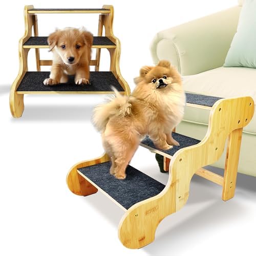 Dog Stairs for Small Dogs,3-Step Bamboo Pet Steps Ramp for Bed and Car by GXONEHomeKitchen