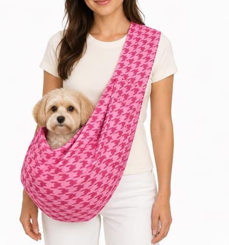 Dog Sling Carrier for Small Dogs and Cats 5–16 lbs, Puppy Carrier Sling with Safety Hook and Storage Pocket, Hands Free Pet Carrier Purse for Travel, Walking, Shopping (Pink Houndstooth) by AXEARTE