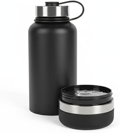 Stainless Steel Dog Water Bottle 32oz with Built-in Bowl, Leak-Proof Travel Pet Water Dispenser, Carry Loop for Walking, Hiking, Outdoor Use (Black)