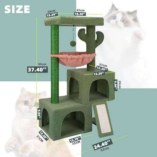 AIWIKIDE 37.4" Cactus Cat Tree Tower with Twin Cat Condos for Indoor Cats, All-in-One Activity Center with Cat Scratching Post Cozy Sleeping Perch Hammock and Toy Balls,Green - Image 2