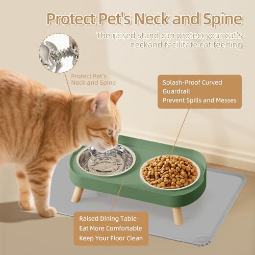 Elevated Cat Bowl with Food Mat, Raised Cat Food and Water Bowl Set for Indoor Cats, Splash Proof with 2 Stainless Steel Pet Food Bowls for Cats and Puppies,Whisker Fatigue and Dishwasher Safe (Green) - Image 2