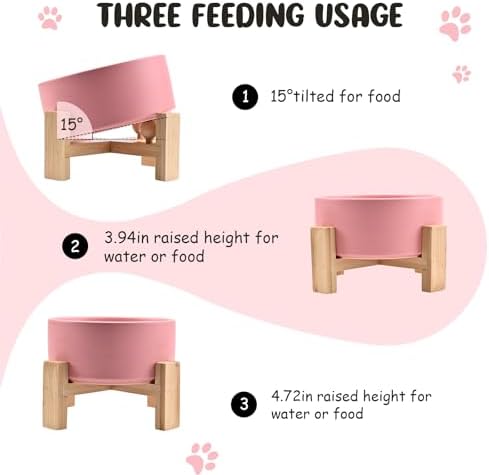 SPUNKYJUNKY 15° Slanted Ceramic Dog and Cat Bowl with Wooden Stand, Tilted Bulldog Food and Water Bowl No Slip Non-Spill for Cats Medium Dogs Big Face Pets 28.7 OZ (3.6 Cups,Pink) - Image 3