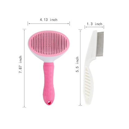 Cat Brush with Release Button, universal for cats and dogs, one click release, brush and flea comb combination set，Pet Hair Comb Tear Stay Removal, knotted skin floating hair tangled fleas (Pink)