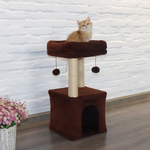 PEEKAB Small Cat Tree with Condo Up to 8 Lbs,Kitty Tower with Scratching Post and Perch for Kittens and Small Cats,Dangling Ball,Beige - Image 6