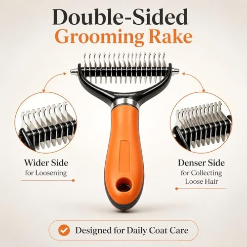 Double Sided Pet Grooming Rake, Extra Wide Deshedding Brush for Dogs Cats, Professional Long Hair Pet Shedding Comb Effectively Reduces Loose Hair (orange color) - Image 2
