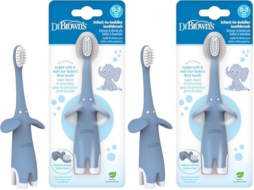 Dr. Brown's Infant-to-Toddler Toothbrush, Soft and Safe Baby Training Brush, Elephant, Blue, 0-3 years, 2 Pack by DrBrowns