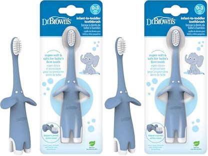 Dr. Brown's Infant-to-Toddler Toothbrush, Soft and Safe Baby Training Brush, Elephant, Blue, 0-3 years, 2 Pack by DrBrowns
