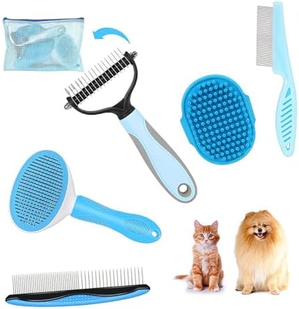 5-in-1 Grooming Kit - Supplies for Short and Long Hair Dogs, Bath Brush, Dematting Rake and Comb (Set of 5, Blue) by Petsupplies
