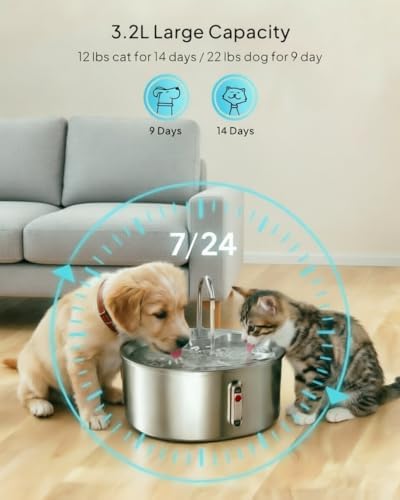 Stainless Steel Cat Water Fountain, 3.2L/108oz Automatic Pet Fountain Dog Water Dispenser,Ultra-Quiet Pump and 5 Replacement Filters,Gifts for Cats, Dogs,Multiple Pets - Image 4