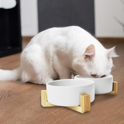 Ceramic Cat Bowls with Bamboo Stand,Non-Slip Small Dog Food and Water Bowl Set Non-Spill Cats Feeder Dish Modern Cute Weighted Cat Dishes for Small Dogs Puppy Cats Kitten(White) - Image 6