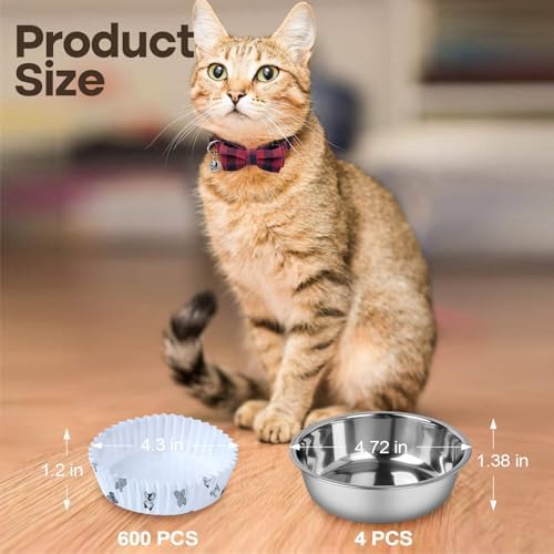 Cat Bowl Set (600 Disposable Pet Bowl Liners with 4 Stainless Steel Bowls) - Image 2