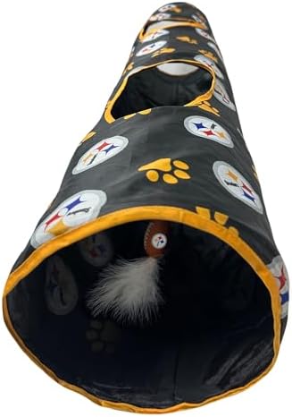 NFL Pittsburgh Steelers Cat Tunnel Tube Toy with Plush Football Catnip and Feathers Collapsible Tunnel for Cats to Play, Peek and Hide, Sporty & Fun Cat Tunnel Toy with Team Logo All-Over Design! - Image 3