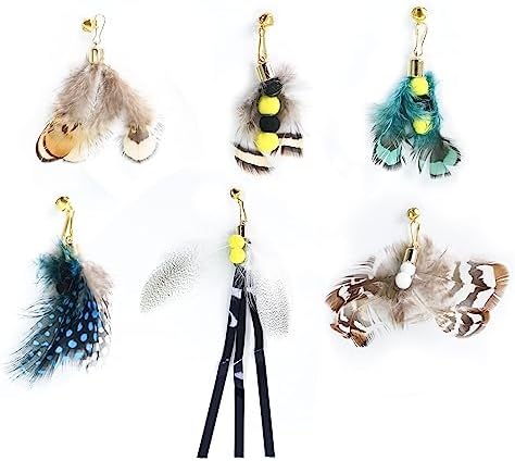 Cat Insect Feather Toys Replacement Cat Toy Wand Refills, 6 Pieces Natural Insect Cat Toy Feathers Refill, Interactive Cat Teaser Wand Attachments, with Bell by WelcometoHokoad