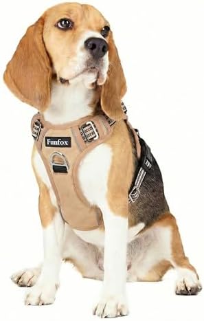 Funfox Dog Harness No Pull, Adjustable Pet Vest Harness, Super Soft Material with Vertical Handle Easy Control, Reflective Night Walking, 2 Leash Clips for Medium Sized Dogs, Brown, M by MyFUNFOX