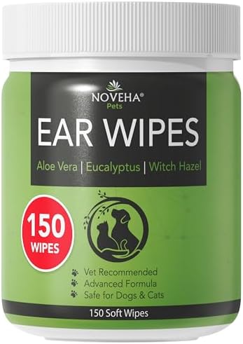 NOVEHA 150PCs Dog Ear Cleaner Wipes, Daily Ear Cleaner for Dogs & Cats - Stop Ear Itching with Aloe, Eucalyptus & Witch Hazel Ear Wipes for Dogs - for Odor Control, Dirt and Wax Removal, Unscented by NOVEHA