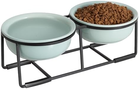 Ceramic Elevated Dog Bowl Set - Double Dog Food and Water Bowls with Metal Stand - Raised Pet Dishes for Puppies and Cats - 2 Cups - 12.5 fl oz - Green by AHX