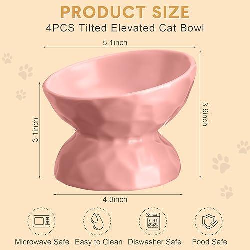 Bokon 4 Pcs Ceramic Raised Cat Bowl 6.8 oz Pet Food Bowl Anti Vomiting Pet Elevated Dog Feeder Tilted Cat Water Bowl Feeding Kitten Dishes for Small Dog Kitten(White, Yellow, Blue, Pink) - Image 2