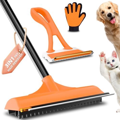 Carpet Rake for Pet Hair Removal - Reusable Dog & Cat Hair Remover with 58" Reinforced Steel Handle, 3-in-1 Professional Modular Rug Rake & Scraper Tool for Shag Rugs, Couch, Stairs (Orange) by leishiyen