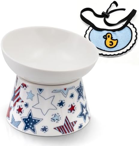 Ceramic Raised Cat Food Bowl, 15° Tilted Elevated Pet Bowl for Whisker & Neck Fatigue Relief, Dishwasher & Microwave Safe, Non-Slip Ergonomic Water Bowl for Cats & Dogs (White) by LINXUXIE