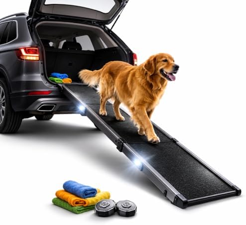 Dog Ramp for Car & SUV with Non-Slip Rug Surface – Lightweight & Foldable Pet Ramp for Dogs, Includes 4 Towels & 2 LED Lights, Safe for Cars, Trucks, Beds, Couches & Stairs by Unknown