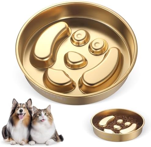 Golden Stainless Steel Slow Feeder Dog Bowls – Non-Slip Metal Dog Bowl for Large & Medium Breeds, Puppy Puzzle Feeder – 2 Cup Capacity for Small to Big Pets – Durable Slow Feed Dog & Cat Food Dish by Unknown