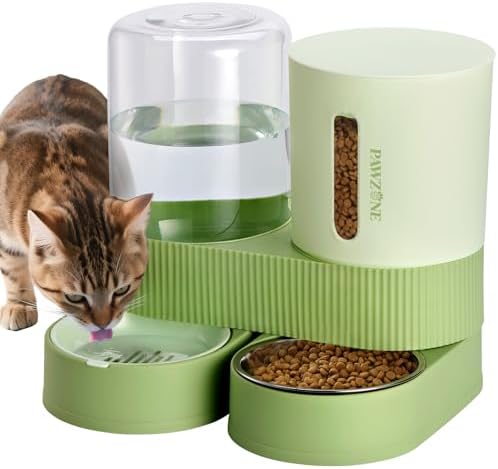 Automatic Cat Feeder Stainless Steel Water Dispenser Gravity Food Feeder and Waterer Set with Pet Food Bowl for Small Medium Kitten Puppy Pets Large Capacity(Green) by Pawzone
