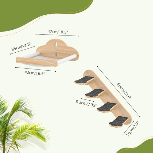Wall Mounted Cat Hammock with 3 Climbing Steps,Pine Wood Cat Climbing Shelves & Perches up to 30lbs,Kitty Wall Shelf Furniture for Indoor Sleeping, Lounging,Climbing and Playing - Image 2