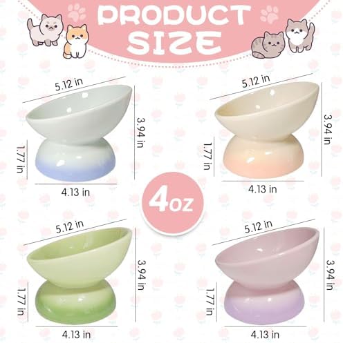 kathson 4 Pcs Ceramic Raised Cat Bowls, Elevated Tilted Cat Food Bowl, Anti Vomiting Pet Food Bowl, Colorful Porcelain Pet Feeder Dish for Cats and Small Dogs, Stress Free(Blue,Green,Purple,Pink) - Image 2