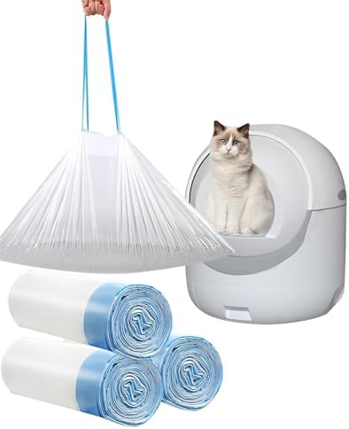 60 Count Cat Drawstring Litter Box Liners 26.6x16.7 inches 2Mils Super Thick White Cat Litter Waste Bags Poop Bags for Self-Cleaning Litter Box Cat Litter Pan Trays (Blue Drawstring 60 count) by YYaaloa