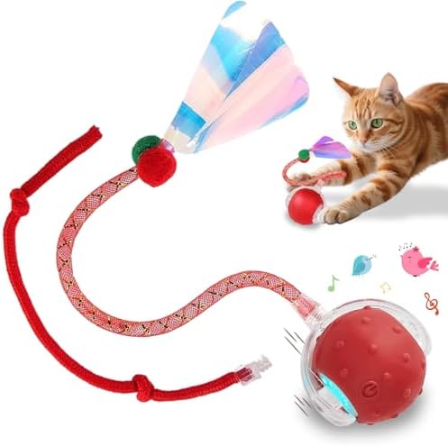 Interactive Cat Toys Smart Ball for Cats & Dogs! Now with 2 Rapid Tails. Features: 360°Auto-Rolling, Motion Activation& Bird Sounds. Perfect for Indoor Pet Exercise & Fun. (Red1) by Unknown