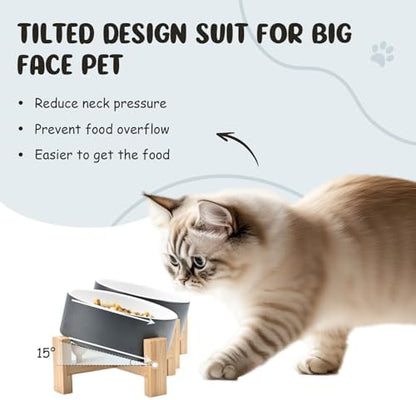 SPUNKYJUNKY 15° Slanted Ceramic Dog and Cat Bowl with Wooden Stand, Tilted Bulldog Food and Water Bowl No Slip Non-Spill for Cats Medium Dogs Big Face Pets 13.5 OZ (1.7 Cups, White-Grey × 2) - Image 2
