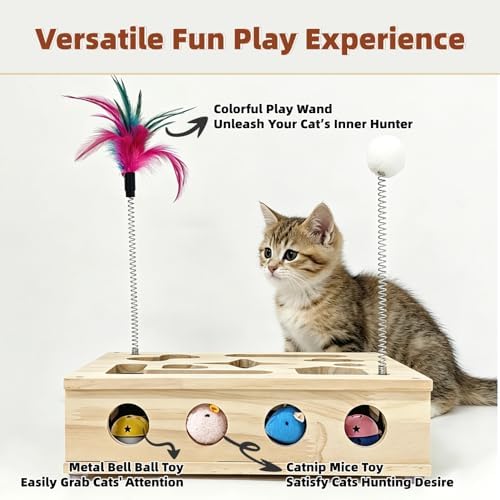Cat Toys, Cat Scratcher Puzzle Enrichment Box - Wooden Cat Nail File with 2 Catnip Mice & 2 Balls & 2 Wand, Interactive Cat Toy Treat Maze for Indoor Cats, Stress-Free Cat Scratch Box That Trim Nails - Image 2