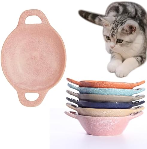 Ceramic Cat Bowl Cats Dishes for Food and Water, 8.3 Inch Dog Bowls, 7 oz Ceramic Cat Food Bowl, Whisker Fatigue Pet Plate, Pet Water Bowls with Handle Perfect for Indoor Cats (Pink) by Padolitlay