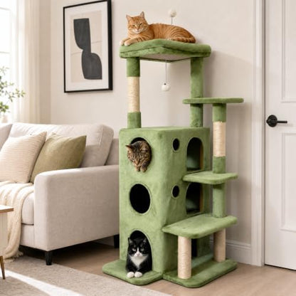 48" Cat Tree Tower for Indoor Cats, Multi-Level Cat House for Large Cats with 3 Cozy Cat Condos, Extra Large Top Perch, Sisal Scratching Posts & Climbing Steps, Green by BaoheDC