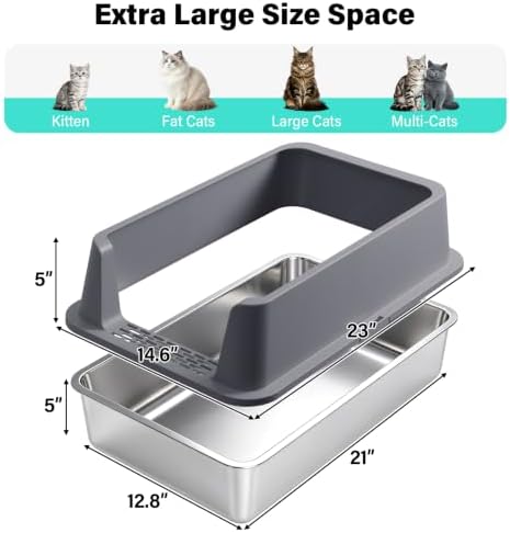 Stainless Steel Litter Box, XL Metal Litter Box with High Sides Lid, Extra Large Cat Litter Boxes for Big Cats, Anti-Urine Leakage, Never Absorbs Odors, Easy Cleaning, Non-Stick, Include Scoop and Mat - Image 5