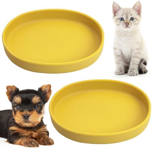 Fhiny 2 PCS Silicone Cat Food Bowls Shallow Dog Bowl 7" Non-Slip Pet Feeding Dishes for Dry and Wet Food Whisker Fatigue Cat Plates for Kitten Puppy and Small Pets(Yellow) by Fhiny