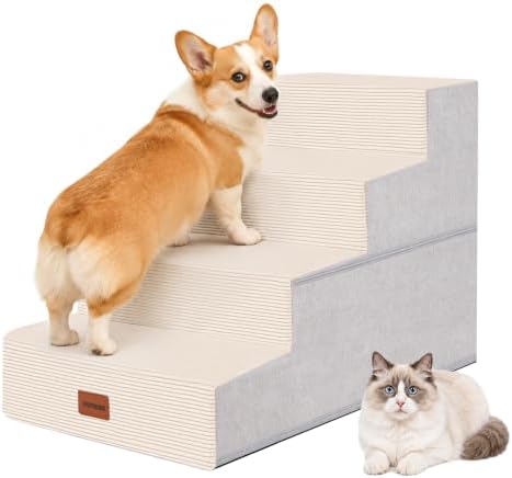 Dog Stairs for Small Dogs, 18" H, 4-Step Pet Steps for Bed Couch Sofa and Chair, Non-Slip Balanced Pet Ramp for Injured & Senior Pets with Washable Cover and Durable High Density Foam,Beige by NAPWAYS