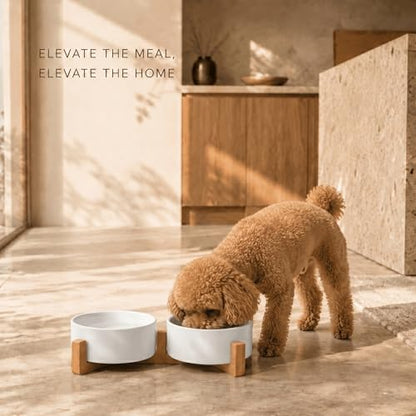 SPUNKYJUNKY Ceramic Dog and Cat Bowl with Wood Stand Non-Slip Matte Glaze Weighted Food Water Set for Cats &Small Dogs 13.5 OZ - Image 2