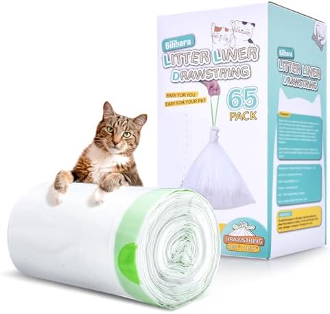 65 Count Cat Litter Box Liners, Compatible with MW SC01/SC02, Drawstring Auto Self-Cleaning Litter Box Liner Bags, Extra Thick Leak Proof Cat Waste Bags, Unscented, (18.1"W x 15.7"H, 4 Gal) by Bilibara