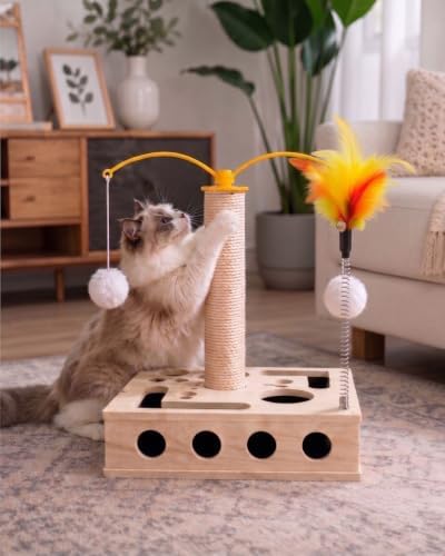 4-in-1 Wooden Interactive Cat Toy with Scratching Post & 3 Rattan Bell Balls - Cat Puzzle Box Treat Maze, 360° Rotating Spinning Teaser with Hanging Pom Poms, Durable Sisal Scratcher for Indoor Cats by Unknown
