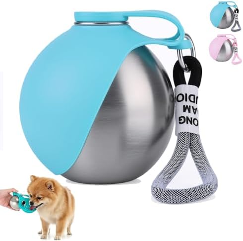 2 in 1 Portable Tumbler for Dogs, Portable Dog Water Ball, 10oz Stainless Steel Pet Water Dispenser with Silicone Foldable Bowl, Leak Proof, Portable Small Dog Water Bottle for Walking, Hiking(Blue) by Niaoyun