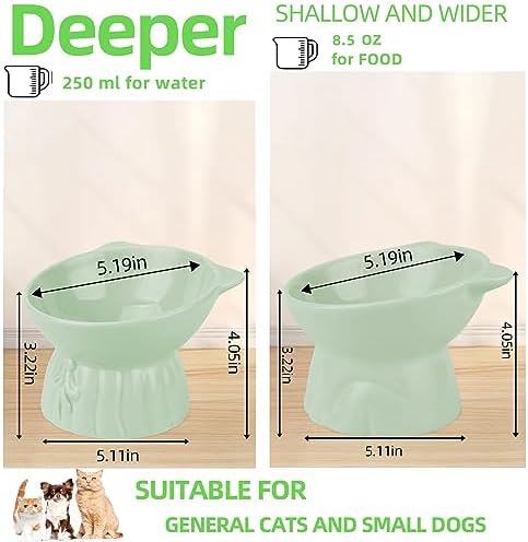 Elevated Cat Bowls 2-Pack, Ceramic Raised Cat Food & Water Dishes - Extra Wide & Shallow Whisker-Friendly Design, Anti-Vomit & Easy Digestion, Lead/Cadmium-Free, Microwave & Dishwasher Safe (Green) - Image 2