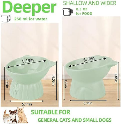 Elevated Cat Bowls 2-Pack, Ceramic Raised Cat Food & Water Dishes - Extra Wide & Shallow Whisker-Friendly Design, Anti-Vomit & Easy Digestion, Lead/Cadmium-Free, Microwave & Dishwasher Safe (Green) - Image 2
